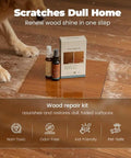 All In One Wood Repair Kit For Furniture Floors And Doors Scratch Remover And Color Restorer Easy DIY Wood Filler For Dents Scuffs And Dings Quick Seamless Repairs That Last kit shown on scratched wood floor with dog paws