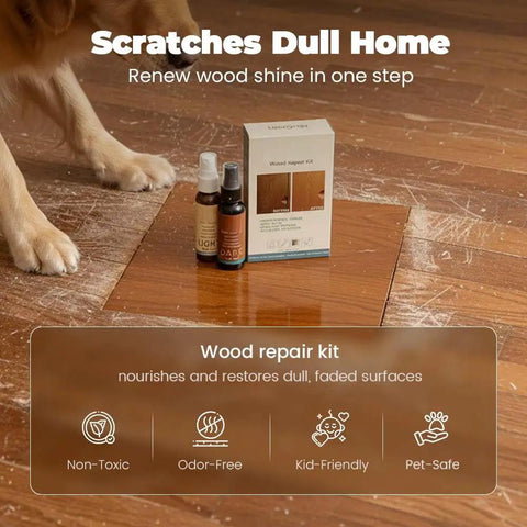 All In One Wood Repair Kit For Furniture Floors And Doors Scratch Remover And Color Restorer Easy DIY Wood Filler For Dents Scuffs And Dings Quick Seamless Repairs That Last kit shown on scratched wood floor with dog paws