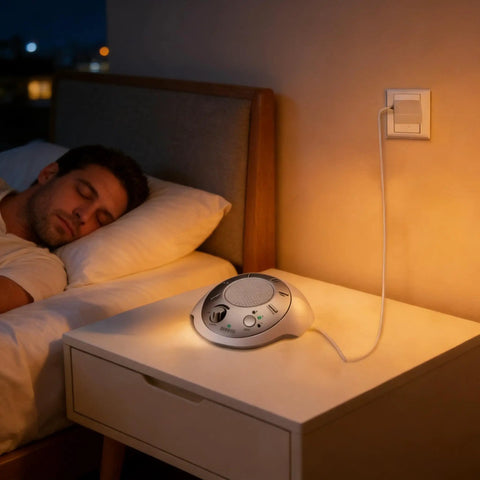 White Noise Sound Machine Charger And Replacement Power Adapter For SS 2000 Sound Spa Portable Unit, 6V DC 300mA Output, 6 Ft Cable in use on bedside table
