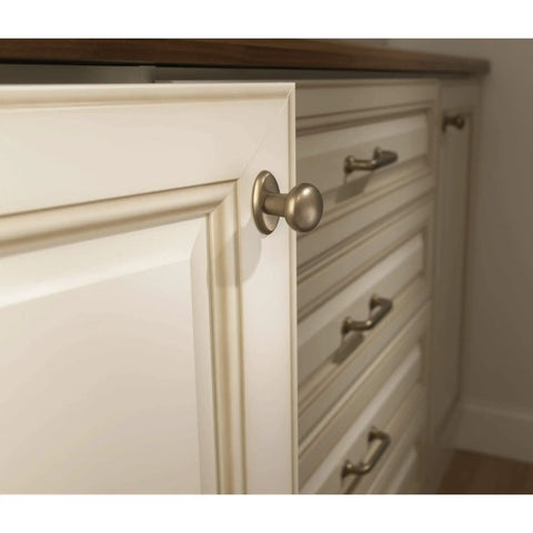 Aspen Round Cabinet Knob In Light Bronze Finish, One And One Eighth Inch Diameter, Seven Eighths Inch Projection on drawer