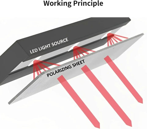 Diagram of LED light source and polarizing sheet, showing working principle of Polarizing Film 2 Pack 7.8x11.8 Inches Adhesive Polarized Sheets For Photography And LCD Screen Repair Linear Polarizer For Physics Education Essential Gear For Pros And Students.