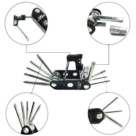 14 In 1 Bike Repair Tool Kit With Under Seat Saddle Bag for Road Mountain and Commuter Bikes, details of multitool components