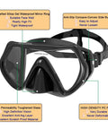 Complete Snorkeling And Diving Gear Package Set For Adults With Anti Fog Mask showing close-up of black silicone and glass design.
