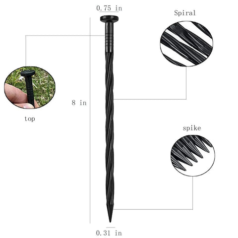 8-inch garden spike with spiral design, part of the 60 Pcs Landscape Edging Stakes, Durable Nylon Ground Anchors with Reinforced Head Ribs.