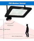 JUDYSSY Pir Motion Sensor Led Flood Light 220 Waterproof Spotlight 50W with sensing angle visual and induction range.