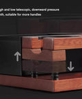 Close-up of Top Shelf Solid Walnut Espresso Knockbox Station with adjustable pressure cloth, showcasing wood detail and design.