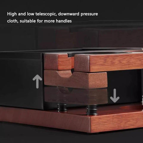 Close-up of Top Shelf Solid Walnut Espresso Knockbox Station with adjustable pressure cloth, showcasing wood detail and design.