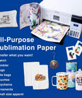 Pro Grade Sublimation Paper 8.5 x 11 Inch 100 Sheets For Heat Transfer Tumblers Mugs T Shirts Phone Cases Printable Stickers DIY Gifts Christmas Enthusiasts used with various products and printer.