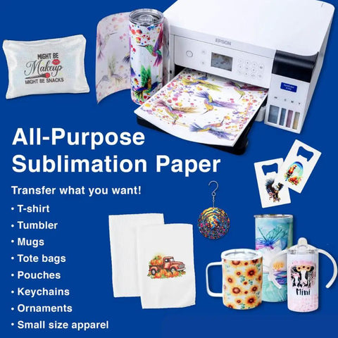 Pro Grade Sublimation Paper 8.5 x 11 Inch 100 Sheets For Heat Transfer Tumblers Mugs T Shirts Phone Cases Printable Stickers DIY Gifts Christmas Enthusiasts used with various products and printer.
