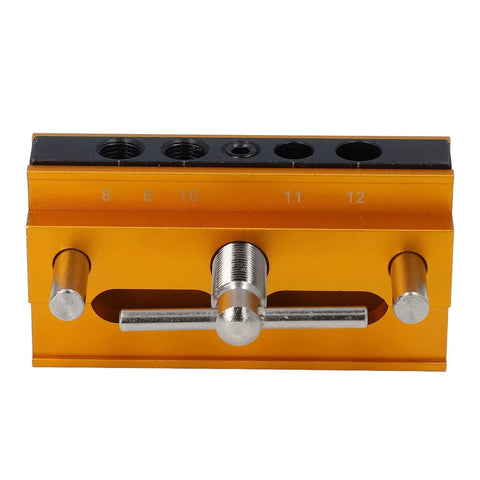 Self Centering Doweling Jig Kit Metric Adjustable Width Drilling Guide With Six Bushings for straight holes, gold finish, front view