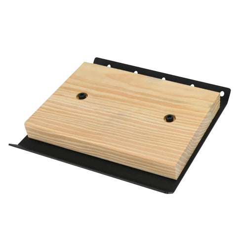 4 Inch Setback Outboard Jack Plate For Small Boats Up To 35 HP With Manual Height Range From Zero To One Hundred Millimeters In Twenty Millimeter Increments From Engine To Transom And Wooden Mounting Block Included Compatible With Yamaha Mercury Honda, wood block on black plate