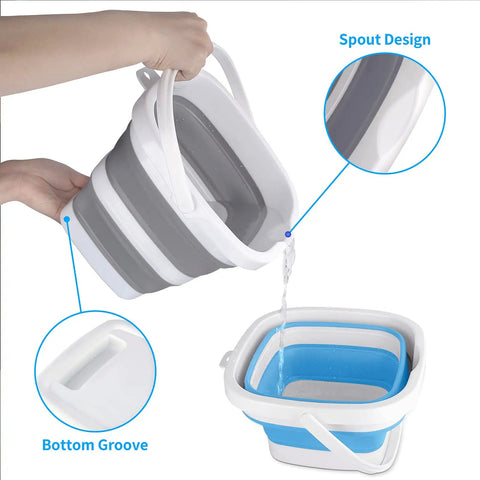 2 Pack Collapsible Buckets 5L 1.3 Gallon Portable Cleaning Bins For Home Outdoor Car Wash Foldable TPR BPA Free Square Design In Grey And Blue