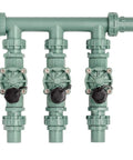 Heavy Duty 3 Valve Preassembled Irrigation Manifold With Swivel Unions for quick no fuss multi zone valve systems on white background