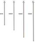 Four variations of heavy duty ceiling shower arms, including 36-inch length with flange and satin nickel finish for modern bathrooms.