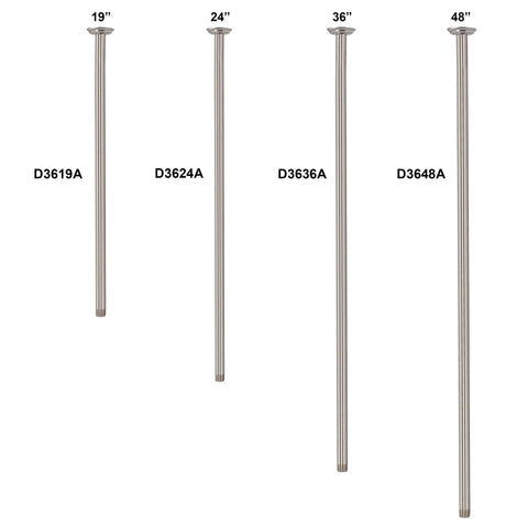 Four variations of heavy duty ceiling shower arms, including 36-inch length with flange and satin nickel finish for modern bathrooms.