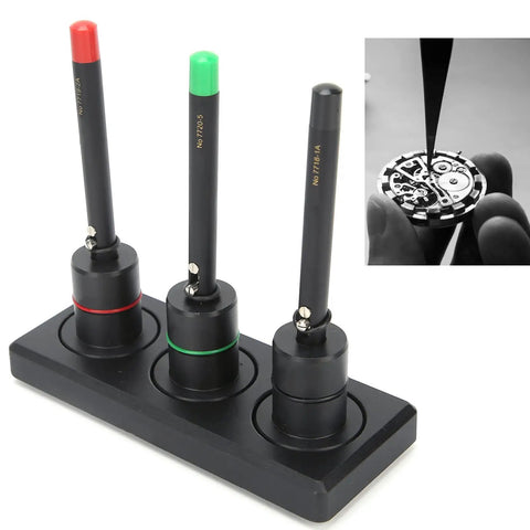 Auto Lubrication Pen For Watches With Stable Base, 3 Piece Watch Repair Kit, includes precision oil pens in red, green, and black.
