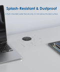 No Sweat Install 2 Inch Pop Up Receptacle For Countertops And Desks, Spring Loaded Design, flush-mounted with water droplets.