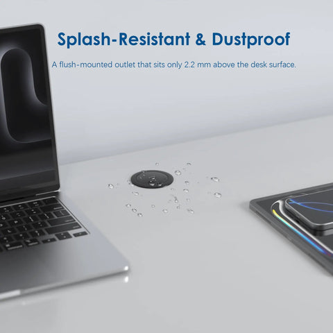 No Sweat Install 2 Inch Pop Up Receptacle For Countertops And Desks, Spring Loaded Design, flush-mounted with water droplets.
