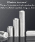 Pro Grade 304 Stainless Steel Dowel Pin 50 Piece Set For Precision Alignment In Molds, Machines, Fixtures And DIY Woodworking Projects 3x16 Inch Pins For Tight Fit And Long Lasting Strength shown upright and horizontal on a reflective surface with stainless steel material text.