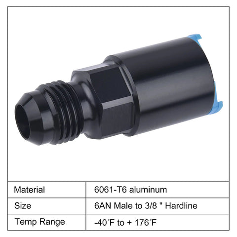 6AN Male to Three Eighths Inch SAE Quick Disconnect EFI Fuel Rail Fitting, Female Push On, Aluminum 6061-T6, black connector