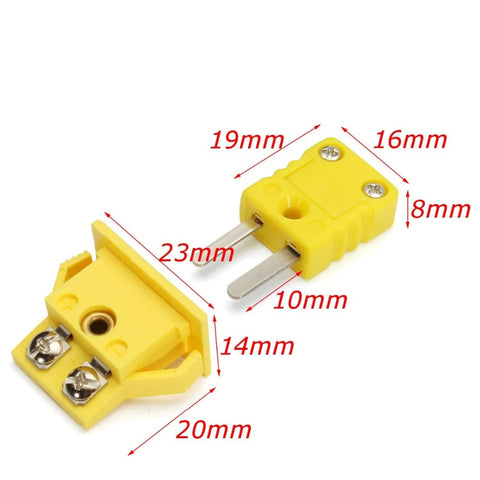Front view of yellow two-piece K-Type panel-mount thermocouple plug and socket with screw terminals