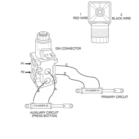 Front view schematic of Summit Hydraulics hydraulic multiplier selector diverter valve with DIN connector and P1/P2 ports.