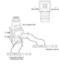 Front view of Summit Hydraulics solenoid selector/diverter valve, 13 GPM, 12 V DC, DIN connector and two cylinders.