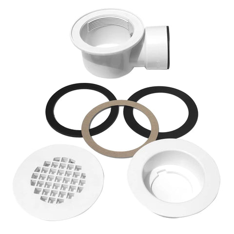 Heavy Duty PVC Side Outlet Drain Assembly Featuring Snug Silicone Rings For Low Profile Shower Bases And Smooth Tile Floors Built Damn Tough Daily Performance, includes drain and silicone rings.
