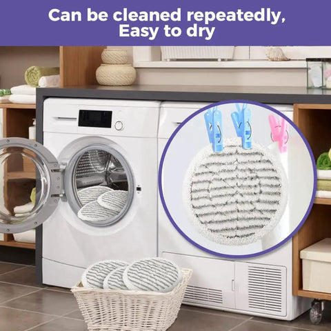 Replacement Steam Mop Pads For S7000 Series drying on clothesline and inside washing machine, 6 pack visible in basket