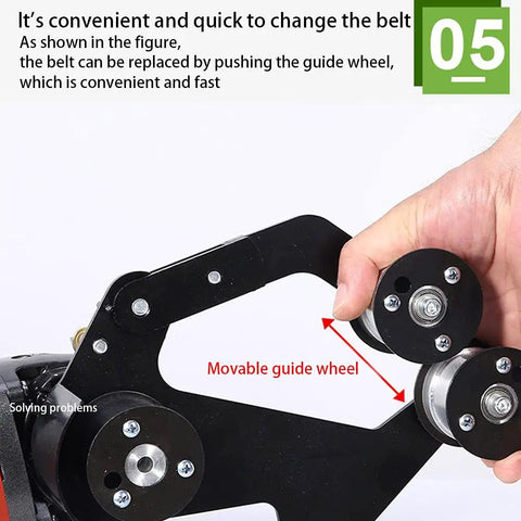 Turn Your Angle Grinder Into A Belt Sander Attachment Kit With A Handy Table Stand, showing movable guide wheel.