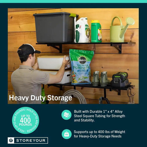 Beefy Garage Wall Shelves 1x4 Ft Set Of 2 With 6 Hooks 400 Lb Total Capacity 200 Lb Per Shelf Powder Coated Steel For Easy Tool Organization And Hardcore Garage Storage, mounted with garden tools