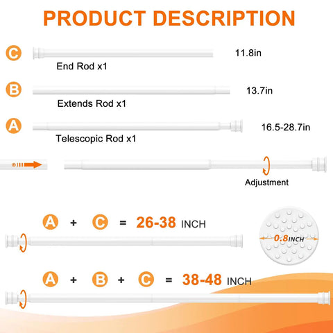Diagram of Adjustable Tension Curtain Rod Set 26 To 48 Inches 6 Pack Tool Free Install Easy Twist White Strong Secure.
