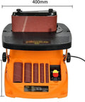 Heavy Duty Rugged 450W Electric Disc Sander And Belt Grinder With Broad Multi Angle Table showing front view and sanding belt.