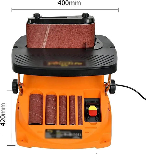 Heavy Duty Rugged 450W Electric Disc Sander And Belt Grinder With Broad Multi Angle Table showing front view and sanding belt.