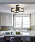 Black Farmhouse Semi Flush Mount Ceiling Light Fixture With Four Lights Rustic Industrial Metal Rectangle Ceiling Lamp in a modern kitchen