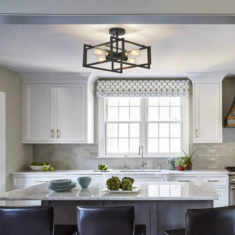Black Farmhouse Semi Flush Mount Ceiling Light Fixture With Four Lights Rustic Industrial Metal Rectangle Ceiling Lamp in a modern kitchen