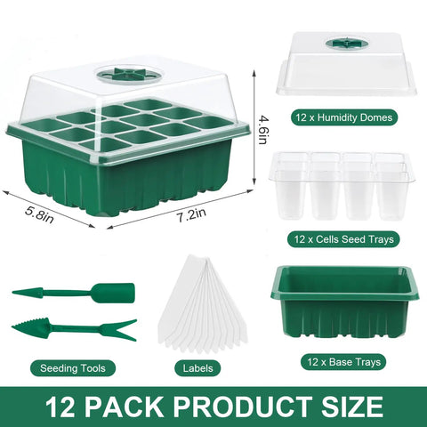 12 Pack Seed Starter Tray Set With 144 Cell Germination Trays And Humidity Adjustable Dome Product Size Overview