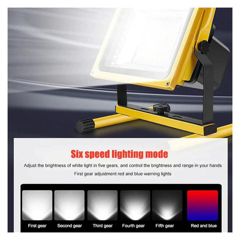 JUDYSSY 800W Led Rechargeable Floodlight Waterproof Outdoor Emergency Led External Projector Spotlight Searchlight showing six lighting modes.