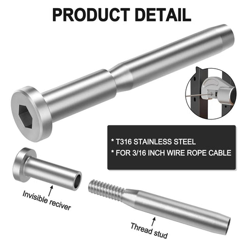 Low Profile Invisible Cable Railing Kit For 3/16 Inch Cables With T316 Stainless Receivers And Swage Stud Ends detail view