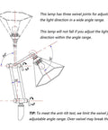 Diagram of Blue Baroque Tiffany Style Stained Glass Swing Arm Floor Lamp with adjustable 3-joint arm showing swivel angles.