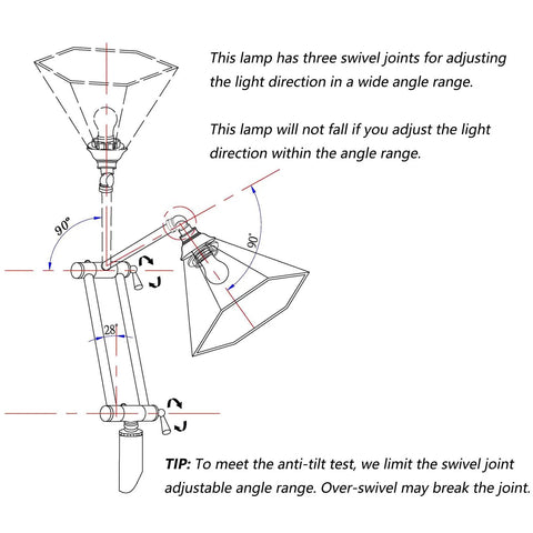 Diagram of Blue Baroque Tiffany Style Stained Glass Swing Arm Floor Lamp with adjustable 3-joint arm showing swivel angles.