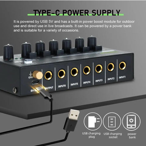 Six Channel Mini Audio Mixer For Live Gigs And Home Studios With Ultra Low Noise And Independent Microphone Control One Quarter Inch TRS Input And Output Great For Guitars Bass Sub Mixing And Stage Use showing rear panel with Type-C power supply inputs and outputs.