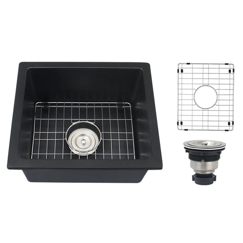 Black Bar Sink 16 By 18 Inch Undermount Granite Composite Wet Bar Sink For Kitchen Or Home Bar with accessories