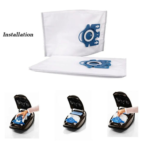 15 Packs Air Clean Dust Bags Replacement For GN Vacuum Bags installation on a canister vacuum with open lid.