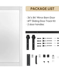 Package of Mirror Barn Door 34x84 Inches With 6 Foot Sliding Door Hardware Kit Included, showing door and hardware components.