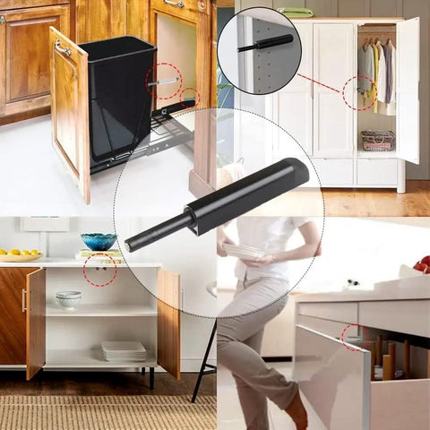 Push To Open Magnetic Cabinet Latches 4 Pack No Knobs Needed Hidden Door Hardware in various kitchen and closet setups.