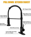 Matte Black Kitchen Faucet With Three Function Sprayer Head, High Arc Spout, 360 Degree Swivel, Single Handle, Brass Construction