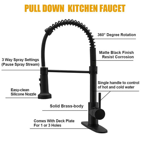 Matte Black Kitchen Faucet With Three Function Sprayer Head, High Arc Spout, 360 Degree Swivel, Single Handle, Brass Construction