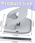 Adjustable Heavy Duty Metal 2 Hole Punch for Paper with Locking Handle, shown with dimensions for precise alignment, 30 sheet capacity