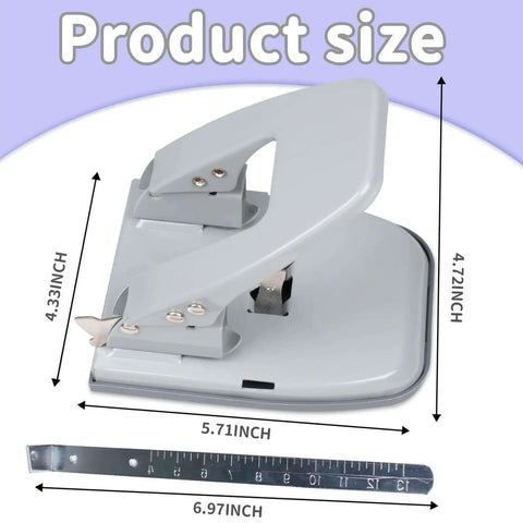 Adjustable Heavy Duty Metal 2 Hole Punch for Paper with Locking Handle, shown with dimensions for precise alignment, 30 sheet capacity